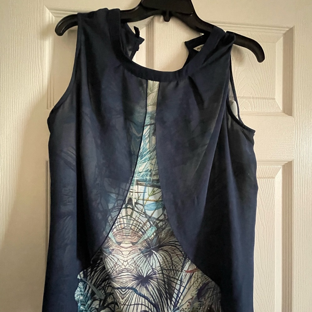 Navy Blue Sleeveless Blouse with Abstract Print